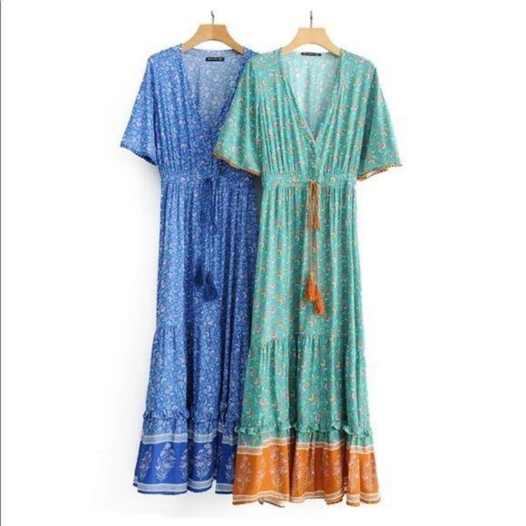 Bohemian Floral Print Maxi Dress Green Gypsy - Picture 4 of 8